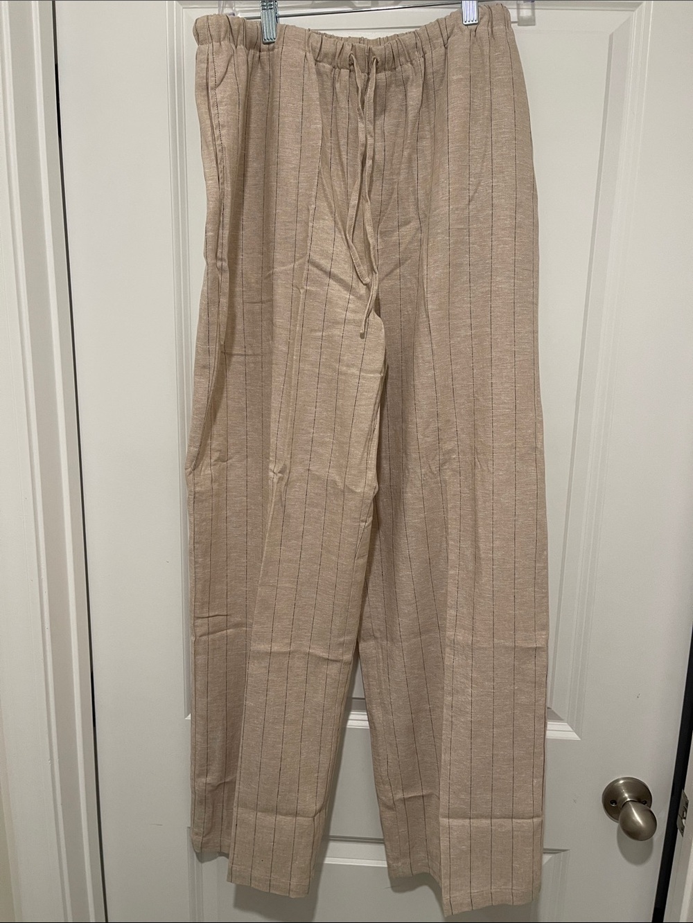 Women's Beige Pinstripe Drawstring Trousers